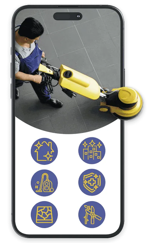 grafica telefono con icone servizi e addetto alle pulizie